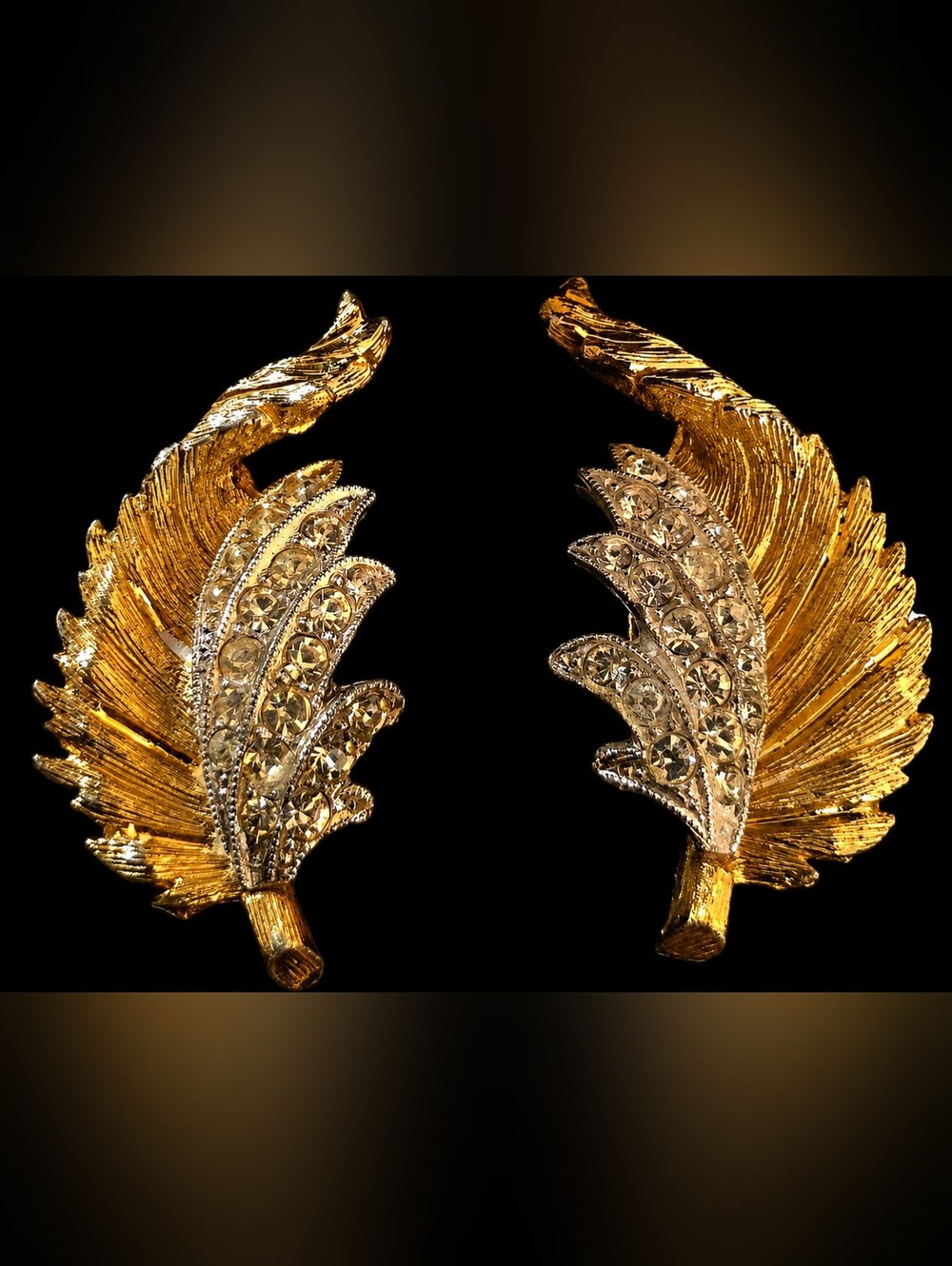 Vintage Signed CORO Gold Tone Rhinestone Leaf Earrings